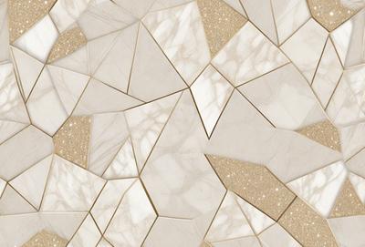 The primary subject of the image is a white marble tile with a pattern of triangles. The setting is a wall, and the visual style is a close-up of the tile. The dominant colors are white and beige, creating a clean and elegant atmosphere.