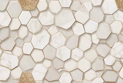 The primary subject of the image is a white marble wall with a gold pattern. The setting is a room with a white marble wall as the main focus. The visual style is a close-up of the marble wall, showcasing its texture and pattern. The colors and mood of the image are predominantly white and gold, giving it a luxurious and elegant appearance.