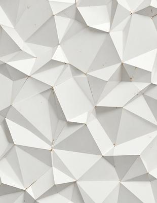 The primary subject of the image is a white, geometric pattern. The pattern is composed of multiple white triangles, forming a complex and intricate design. The setting is a white wall, which serves as the background for the pattern. The visual style of the image is a combination of digital art and illustration, as the triangles are arranged in a visually appealing manner. The colors and mood of the image are predominantly white, giving it a clean and minimalist appearance.
