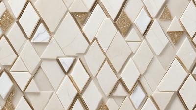 The primary subject of the image is a white and gold marble wall with a geometric pattern. The setting is a room with a white marble wall, and the visual style is a photo. The dominant colors are white and gold, creating a luxurious and elegant atmosphere.