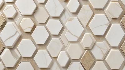 The primary subject of the image is a white marble wall with a pattern of hexagonal shapes. The setting is a room with a white marble wall, and the visual style is a close-up of the wall. The dominant colors are white and beige, creating a clean and elegant atmosphere.