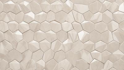 The primary subject of the image is a white marble wall with a unique pattern of hexagonal shapes. The setting is a room with a white marble wall as the main focus. The visual style is a close-up of the marble wall, showcasing the intricate pattern. The colors and mood of the image are predominantly white, giving it a clean and elegant appearance.