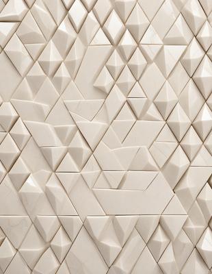 The primary subject of the image is a white wall with a pattern of triangles. The setting is a room with a white marble wall, and the visual style is a close-up of the wall. The dominant colors are white, and the overall atmosphere is clean and minimalistic.