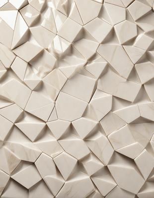 The primary subject of the image is a white marble wall with a unique and intricate design. The wall features a pattern of white tiles, giving it a distinct and artistic appearance. The setting is indoors, likely in a room or a building with a modern or contemporary design. The visual style of the image is a close-up of the marble wall, showcasing the intricate details of the tile pattern. The colors and mood of the image are predominantly white, giving it a clean, elegant,