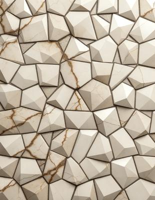 The primary subject of the image is a white marble wall with a pattern of white and grey diamond shapes. The setting is a room with a white marble wall as the main focus. The visual style is a close-up of the marble wall, showcasing the intricate pattern of the diamond shapes. The colors and mood of the image are predominantly white and grey, giving it a clean and elegant appearance.