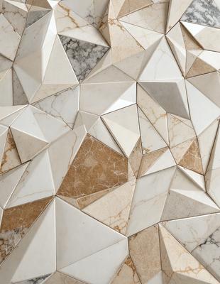 The primary subject of the image is a marble tile wall with a unique pattern. The setting is a room with a marble floor, and the visual style is a close-up of the tile wall. The colors and mood of the image are predominantly neutral, with the marble tiles providing a sense of elegance and sophistication.