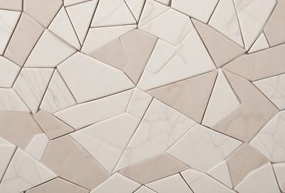 The primary subject of the image is a white marble wall with a pattern of triangles. The setting is a room with a white marble floor. The visual style is a close-up of the marble wall, showcasing the intricate pattern of the triangles. The colors and mood of the image are predominantly white, giving it a clean and elegant appearance.
