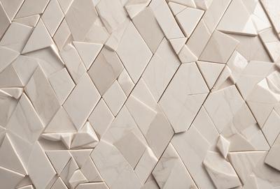 The primary subject of the image is a white marble wall with a unique pattern of triangles. The setting is a room with a white marble wall as the main focus. The visual style is a close-up of the marble wall, showcasing the intricate pattern of triangles. The colors and mood of the image are predominantly white, giving it a clean and elegant appearance.