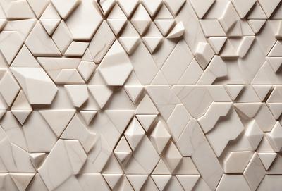 The primary subject of the image is a white marble wall with a pattern of triangles. The setting is a room with a white marble wall as the main focus. The visual style is a close-up of the marble wall, showcasing the intricate pattern of triangles. The colors and mood of the image are predominantly white, giving it a clean and elegant appearance.