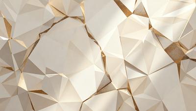 The primary subject of the image is a white wall with a pattern of triangles. The setting is a room with a white wall, and the visual style is a combination of photo and digital art. The dominant colors are white and gold, creating a clean and elegant atmosphere.