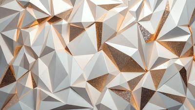 The primary subject of the image is a white wall with a pattern of triangles and gold stars. The setting is a room with a white background, and the visual style appears to be a combination of digital art and illustration. The dominant colors are white and gold, creating a warm and inviting atmosphere.