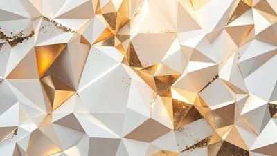 The primary subject of the image is a white and gold geometric pattern. The setting is a white wall, and the visual style appears to be a combination of digital art and illustration. The dominant colors are white and gold, creating a clean and elegant atmosphere.