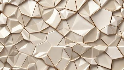 The primary subject of the image is a wall with a pattern of triangles. The setting is a room with a white background. The visual style is a combination of photo and digital art, creating a unique and intricate design. The dominant colors are white and gold, giving the wall a warm and elegant appearance.