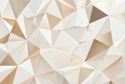 The primary subject of the image is a white and gold geometric pattern. The setting is a white wall, and the visual style appears to be a combination of digital art and illustration. The dominant colors are white and gold, creating a clean and elegant atmosphere.