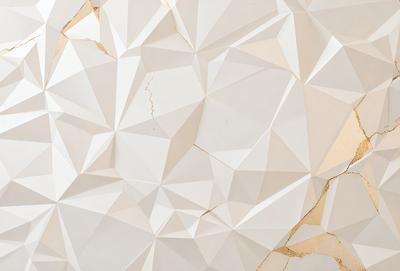 The primary subject of the image is a white wall with a pattern of triangles. The setting is a room with a white background. The visual style is a combination of photo and digital art, creating a unique and interesting pattern on the wall. The dominant colors are white and gold, giving the wall a warm and elegant appearance.