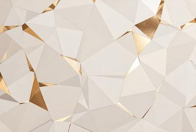 The primary subject of the image is a white wall with a gold pattern on it. The setting is a room with a white wall, and the visual style is a combination of digital art and illustration. The dominant colors are white and gold, creating a clean and elegant atmosphere.