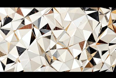 The primary subject of the image is a white and black geometric pattern. The setting is a wall, and the visual style appears to be a combination of digital art and illustration. The dominant colors are white and black, creating a clean and modern atmosphere.