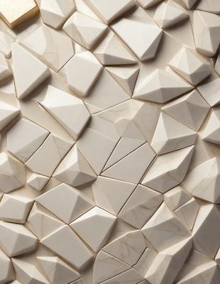 The primary subject of the image is a white marble wall with a pattern of white triangles. The setting is a room with a white marble surface, which gives the room a clean and elegant appearance. The visual style is a close-up of the marble wall, showcasing the intricate pattern of the triangles. The colors and mood of the image are predominantly white, creating a sense of simplicity and sophistication.