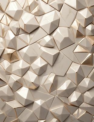 The primary subject of the image is a white wall with a pattern of triangles. The setting is a room with a white marble wall, and the visual style is a close-up of the wall. The colors and mood of the image are predominantly white, giving it a clean and minimalist appearance.