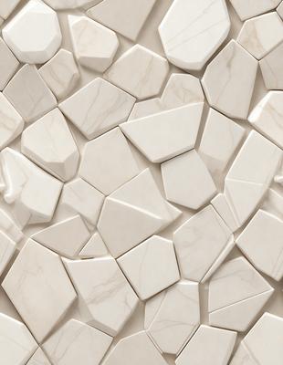 The primary subject of the image is a white marble wall with a pattern of white and grey tiles. The setting is a room with a white marble wall as the main focus. The visual style is a close-up of the marble wall, showcasing the intricate pattern of the tiles. The colors and mood of the image are predominantly white and grey, giving the scene a clean and elegant appearance.