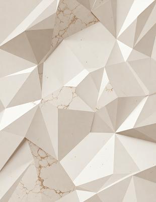 The primary subject of the image is a white, textured wall with a pattern of triangles. The setting is a room with a white background, and the visual style appears to be a combination of digital art and illustration. The dominant colors are white and beige, creating a clean and minimalist atmosphere.