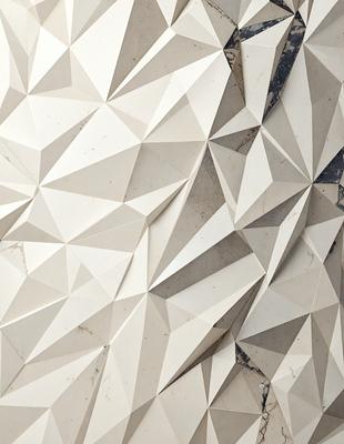 The primary subject of the image is a white wall with a pattern of white triangles. The setting is a room with a stone wall, and the visual style appears to be a combination of digital art and illustration. The dominant colors are white and gray, creating a clean and minimalist atmosphere.