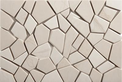 The primary subject of the image is a white tile wall with a unique pattern of irregularly shaped tiles. The setting is a room with a white tile wall as the main focus. The visual style is a close-up of the tiled wall, showcasing the intricate design of the tiles. The colors and mood of the image are predominantly white, giving it a clean and minimalist appearance.