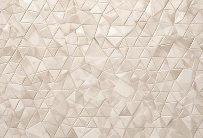 The primary subject of the image is a large, white, geometric wallpaper with a pattern of triangles. The setting is a white wall, and the visual style is a close-up of the wallpaper. The dominant colors are white and gray, creating a clean and modern atmosphere.