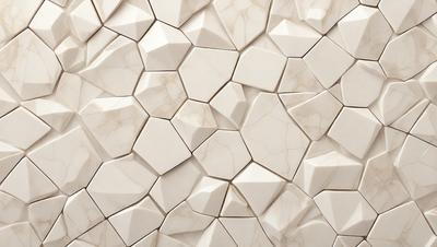 The primary subject of the image is a white marble wall with a unique pattern of white and grey tiles. The setting is a room with a white marble wall as the main focus. The visual style is a close-up of the marble wall, showcasing the intricate pattern of the tiles. The colors and mood of the image are predominantly white and grey, giving the wall a clean and elegant appearance.