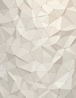 The primary subject of the image is a white wall with a geometric pattern. The setting is a room with a white background. The visual style is a combination of photo and digital art, creating a unique and intricate design. The dominant colors are white and gold, giving the wall a clean and elegant appearance. The overall atmosphere is one of sophistication and modernity.