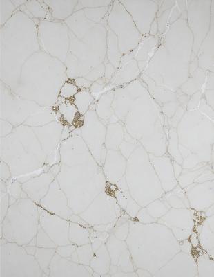 The primary subject of the image is a white marble wall with a pattern of gold dots. The setting is a room with a white marble floor. The visual style is a close-up of the marble wall, showcasing the intricate pattern of gold dots. The colors and mood of the image are predominantly white, with the gold dots adding a touch of warmth and sophistication.