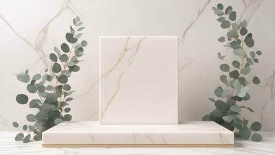 The primary subject of the image is a white square box, which is placed on a marble countertop. The setting is a room with a marble wall, and the visual style is a photo. The colors in the image are predominantly white, giving the scene a clean and elegant appearance.