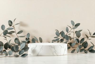 The primary subject of the image is a white marble table with a round top. The table is placed on a white marble countertop, which serves as the setting. The visual style of the image is a photo, capturing the details of the marble table and the surrounding environment. The colors and mood of the image are predominantly white, giving it a clean and elegant appearance.