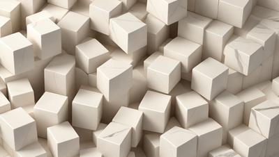 The primary subject of the image is a large number of white marble blocks, which are arranged in a visually appealing manner. The setting is a white marble wall, which serves as the background for the blocks. The visual style of the image is a combination of photo and digital art, creating a unique and intricate pattern. The colors and mood of the image are predominantly white, giving it a clean and elegant appearance.