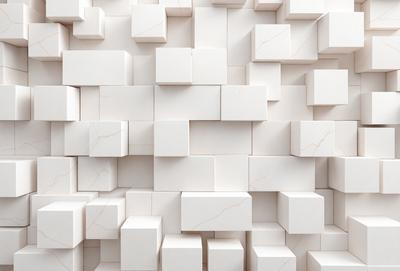 The primary subject of the image is a large white wall with a pattern of white blocks. The setting is a white room, and the visual style is a close-up of the wall. The dominant colors are white, and the overall atmosphere is clean and minimalistic.