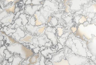 The primary subject of the image is a marble wall with a gold and white color scheme. The setting is a room with a white marble floor. The visual style is a close-up of the marble wall, showcasing its intricate patterns and textures. The colors and mood of the image are elegant and sophisticated, with the gold and white tones creating a luxurious and timeless atmosphere.
