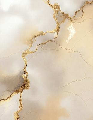 The primary subject of the image is a gold-colored crack in a white surface, possibly a marble wall. The setting is a cloudy sky, which serves as the backdrop for the crack. The visual style appears to be a combination of photo and digital art, as the crack appears to be a blend of the two. The dominant colors are gold and white, creating a sense of contrast and visual interest.