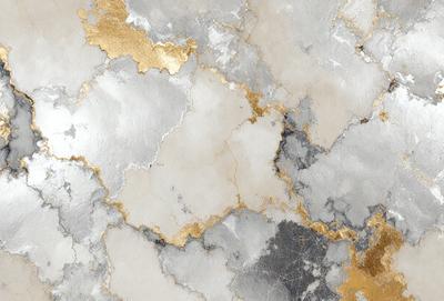 The primary subject of the image is a marble-like surface with gold accents. The setting is a white and gold marble-like wall, which serves as the background. The visual style is a combination of a photo and digital art, creating a unique and intricate pattern. The colors and mood of the image are predominantly white and gold, giving it a luxurious and elegant appearance.