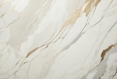 The primary subject of the image is a marble wall with a gold-colored pattern. The setting is a room with a white background. The visual style is a close-up of the marble wall, showcasing its intricate design. The colors and mood of the image are predominantly white and gold, creating a luxurious and elegant atmosphere.