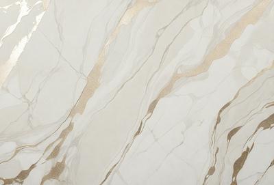The primary subject of the image is a marble wall with a gold-colored design. The setting is a room with a white marble wall, and the visual style is a close-up of the wall. The colors and mood of the image are predominantly white and gold, creating a luxurious and elegant atmosphere.
