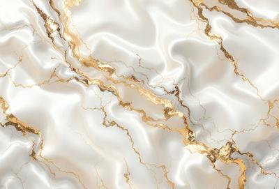 The primary subject of the image is a marble countertop with a gold-colored pattern. The setting is a kitchen, and the visual style is a close-up of the marble countertop. The colors and mood of the image are predominantly gold and white, giving it a luxurious and elegant appearance.