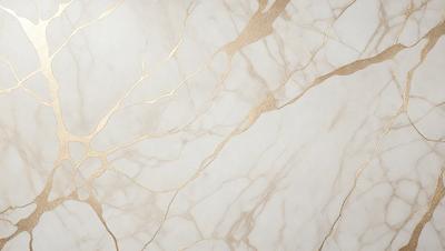 The primary subject of the image is a marble wall with a gold-colored design. The setting is a room with a white background, and the visual style appears to be a combination of a photo and digital art. The dominant colors are white and gold, creating a luxurious and elegant atmosphere.