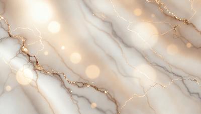 The primary subject of the image is a marble surface with a pattern of gold and white streaks. The setting is a room with a patterned wall, and the visual style is a close-up of the marble surface. The colors and mood of the image are predominantly gold and white, creating a warm and elegant atmosphere.