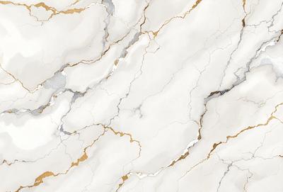 The primary subject of the image is a marble wall with a white and gold color scheme. The setting is a room with a white marble floor, and the visual style is a close-up of the marble wall. The colors and mood of the image are elegant and sophisticated, with the gold accents adding a touch of luxury.