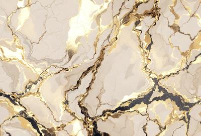 The primary subject of the image is a marble-like surface with gold and white colors. The setting is a room with a marble wall, and the visual style is a close-up of the marble surface. The colors and mood of the image are elegant and sophisticated, with the gold and white colors creating a luxurious and high-end atmosphere.