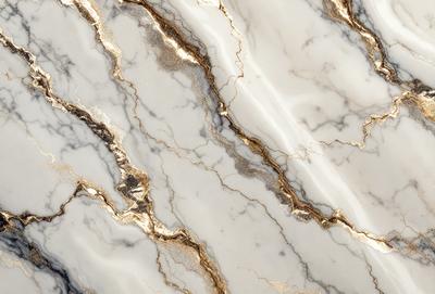 The primary subject of the image is a marble countertop with a gold-colored pattern. The setting is a kitchen, and the visual style is a close-up of the marble countertop. The colors and mood of the image are predominantly gold and white, giving it a luxurious and elegant appearance.