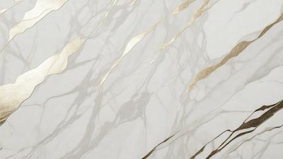 The primary subject of the image is a marble wall with a gold-colored design. The setting is a room with a white background, and the visual style is a combination of photo and digital art. The dominant colors are white and gold, creating a luxurious and elegant atmosphere.