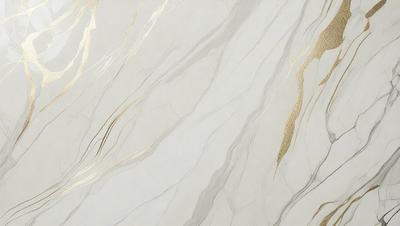 The primary subject of the image is a marble wall with a gold-colored design. The setting is a room with a white background, and the visual style is a combination of a photo and digital art. The colors and mood of the image are predominantly white and gold, creating a luxurious and elegant atmosphere.