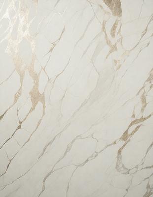 The primary subject of the image is a marble wall with a gold-colored pattern. The setting is a room with a white background. The visual style is a close-up of the marble wall, showcasing its intricate design. The colors and mood of the image are predominantly white and gold, creating a luxurious and elegant atmosphere.
