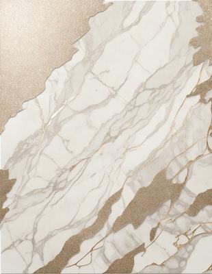 The primary subject of the image is a marble wall with a gold-colored pattern. The setting is a room with a marble countertop. The visual style is a combination of a photo and digital art, creating a unique and elegant appearance. The dominant colors are gold and white, giving the scene a luxurious and sophisticated atmosphere.